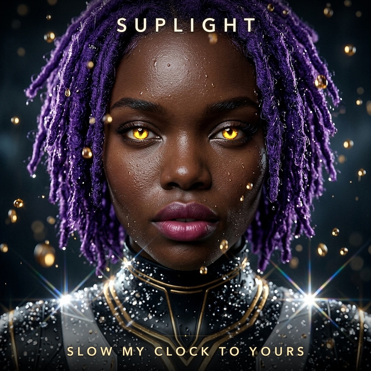 Slow My Clock to Yours cover: Suplight with violet locs, glowing amber eyes and a silver suit, surrounded by suspended golden raindrops.