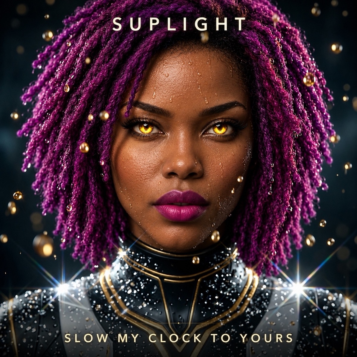Slow My Clock to Yours cover: a frontal portrait of Suplight with purple locs and golden eyes, wearing a reflective black-and-silver suit with gold trim, surrounded by golden droplets.